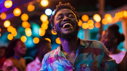 A young man laughs with his friends in a nightclub.