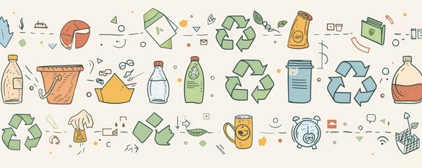A set of hand-drawn vector illustrations on the theme of recycling and waste management.