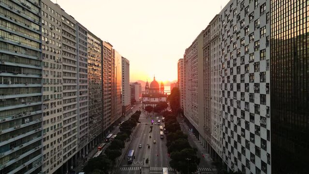 Presidente Vargas Avenue in Rio de Janeiro City Downtown by Sunrise With Candelaria Church at the End and Office Buildings on Both Sides