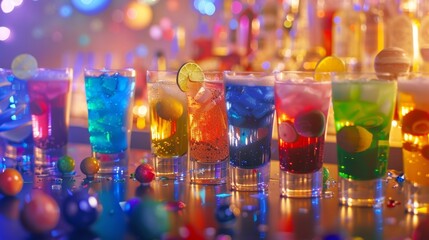 A mocktail bar is set up with different colored drinks representing various planets and celestial bodies. - obrazy, fototapety, plakaty