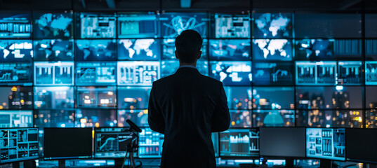cyber security guard in front of monitors at night