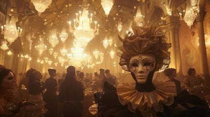 A masked ball in Venice. The guests wear elaborate costumes and masks, and the room is decorated with opulent chandeliers.