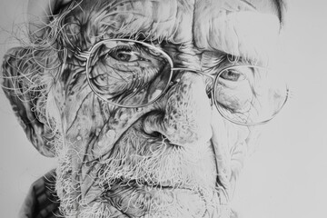 A highly detailed pencil drawing of an old man with glasses. The drawing captures the man's weathered face and his intense gaze.