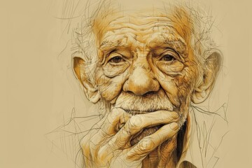 Create a pencil drawing of an old man with a beard and wrinkles. The drawing should be detailed and capture the man's expression.