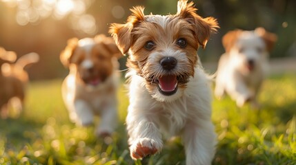 Energetic fancy puppies playing in a vibrant park photographed with a clear focused background offering extensive space for text