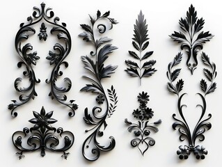 set of simple black baroque floral elements on a white background, arranged in an orderly fashion with a symmetrical layout, suitable for cut out and wall decor projects