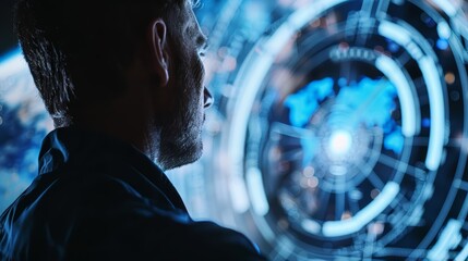 A man in a dark room looking at a futuristic screen with a map of the world.