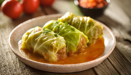 Tasty stuffed cabbage rolls with ground beef and rice over wooden table. Delicious food for dinner