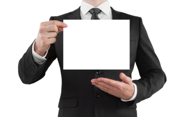 Businessman in suit presenting a blank white signboard, isolated on a white background, concept of advertisement
