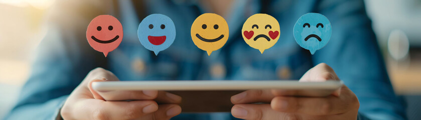 Close-up of a customer on tablet, completing feedback with emoticons from happy to sad. Soft focus captures thoughtful expression, revealing diverse reactions.