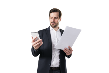 A businessman holding documents and a smartphone on a white background, depicting multitasking