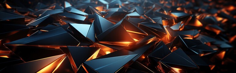  background of dark triangular shapes, glowing in an abstract and futuristic manner. The triangles appear to be made from metal or plastic with some reflecting light. 