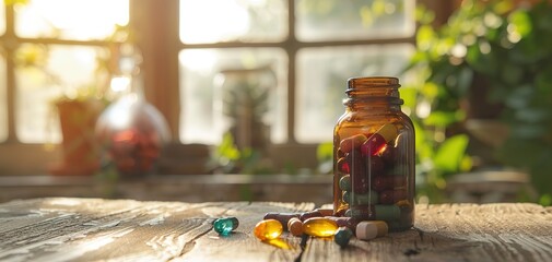 Colorful medicine capsules from glass bottles on wooden table, Close-up photo, Copy space