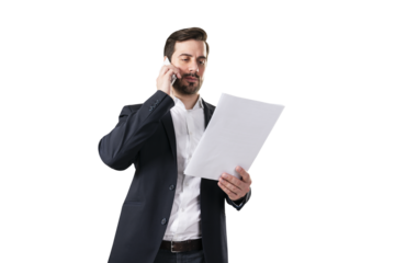 A professional man in a suit talking on the phone and holding a document, isolated on white background, representing a business concept