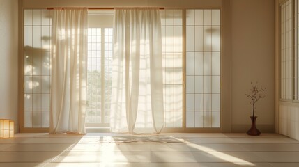 Clean and minimalist unbranded Japanese kimono hanging in a bright, airy room.