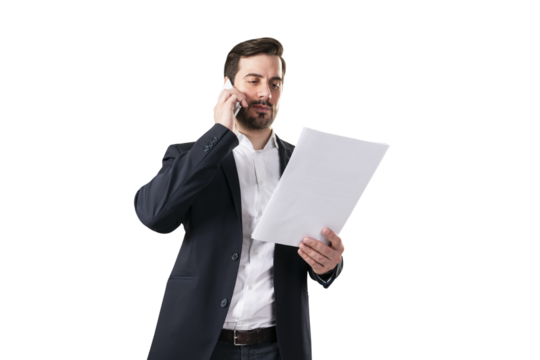 A professional man in a suit talking on the phone and holding a document, isolated on white background, representing a business concept