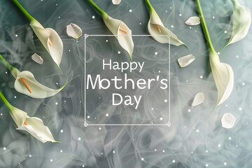 Happy Mother's Day on a misty gray abstract festive background with elegant calla lilies and a rectangular frame.
