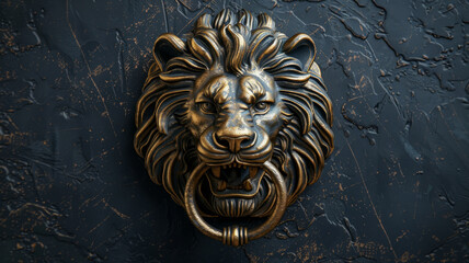 Bronze lion doorknocker on dark door