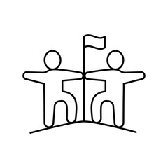 Two people on the mountain peak with flag outline icon. Teamwork, partnership, achievement concept. Editable stroke. Isolated vector illustration