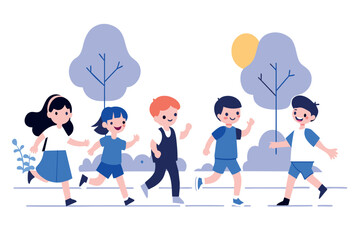 Happy kids running together outdoors under the sun with trees