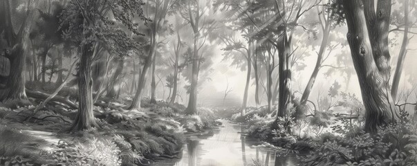 Create a black and white digital painting of a dense forest with a small stream running through it
