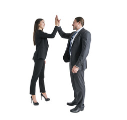 Two professionals in business attire giving a high five, isolated on a white background, concept of success or teamwork