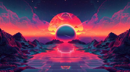  synthwave landscape with neon glowing lines, mountains reflecting in the water at sunset, a sun setting over an ocean, with vibrant reds and pinks in the sky