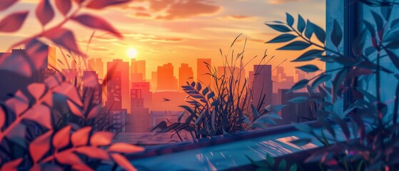 An illustration of a sunset over a city from a window