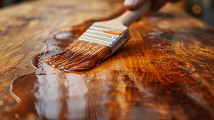 Naklejka premium Hand applying varnish on a wooden surface