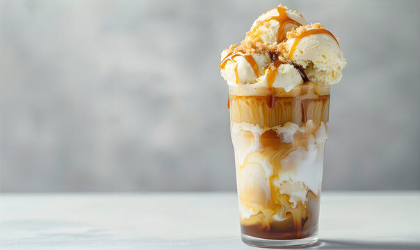 Summer banner with cold coffee drink. Caramel Cold Brew Float Cold brew coffee served over vanilla ice cream and topped with caramel sauce.