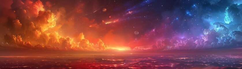 Fototapeta premium A fantasy planet where the sky cycles through all the colors of the rainbow, casting colorful light on the landscapes below