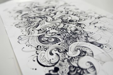 An intricate and detailed pen drawing of a swirling vortex of leaves and vines