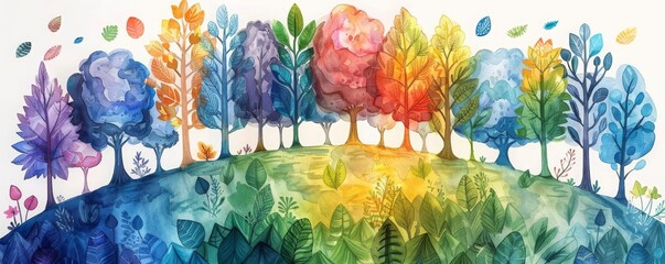 An illustration of a planets surface where every tree and plant has leaves in different shades of rainbow colors