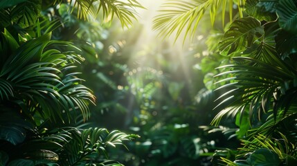 nature photography, vertical background with sunlight filtering through tropical forest foliage, creating a summer vibe