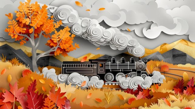 A steam locomotive train travels through a beautiful autumn forest