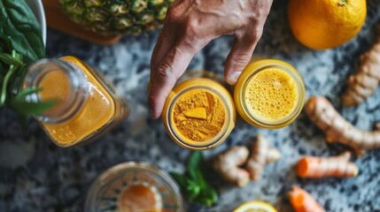 A hand reaching for a jar of turmeric used to give the smoothies an added boost of antiinflammatory benefits. - obrazy, fototapety, plakaty