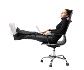 A woman reclining casually in a chair with a laptop on her lap, on a white background, conveying a relaxed work environment