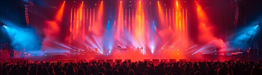 Vibrant hitech music festival with exotic instruments and bizarre stage designs studio lighting