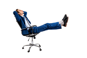 A man in a blue suit relaxing in an office chair, isolated on a white background, representing the...