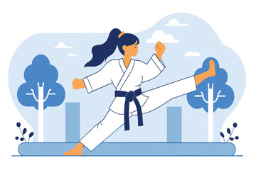 A woman in a karate uniform executes a high kick