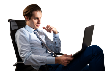 A businessman in a chair with a laptop against a white background, concept of corporate work