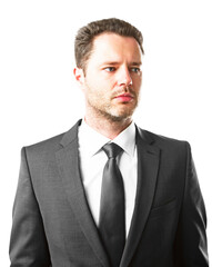 A professional man in a suit and tie on a white background, concept of business attire
