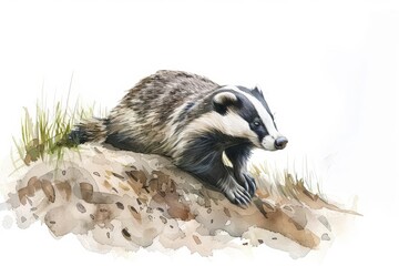 Fototapeta premium A watercolor painting of a badger, standing on a grassy hill, looking to the right. The badger is mostly black and white, with a long, bushy tail.