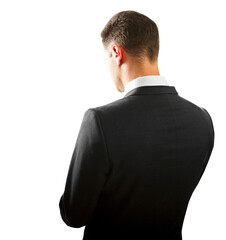 A man in a business suit viewed from behind, standing against a white background, concept of professionalism