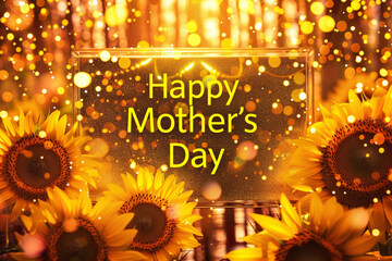 Happy Mother's Day on a sunny golden abstract festive background with radiant sunflowers and a rectangular frame.