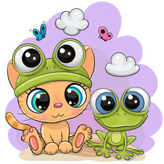 Cute Kitten and frog and butterflies on a purple background