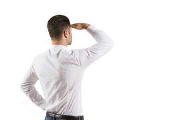 A man in white shirt saluting into the distance, shot from behind, against a clean white background, depicting searching or looking ahead concept