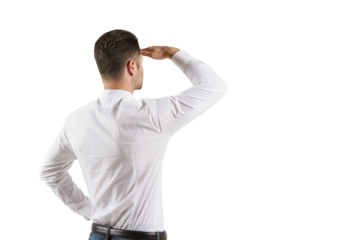 A man in white shirt saluting into the distance, shot from behind, against a clean white background, depicting searching or looking ahead concept