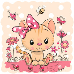 Cartoon Kitten on a meadow with flowers and butterflies