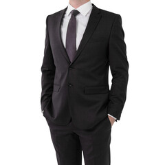 A man in a dark suit, tie, and white shirt on a white background, embodying business attire and professionalism